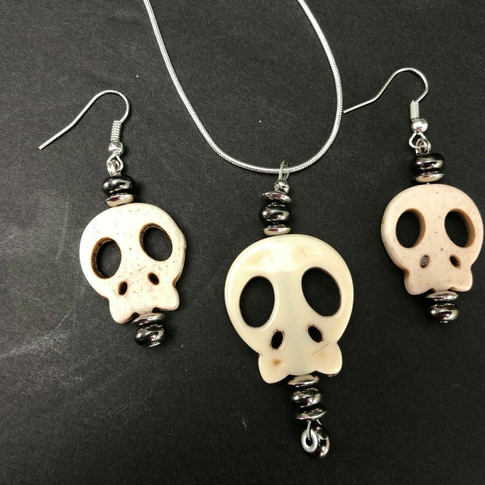 Sugar Skull Necklace Earring Set Silver Handmade